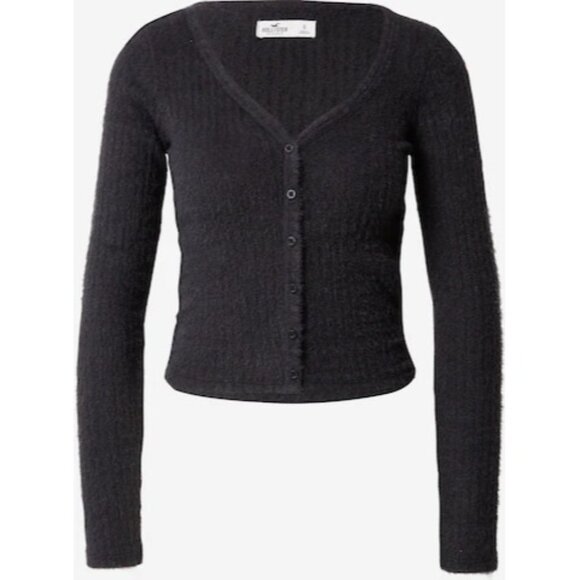 NWT Hollister Black Button Front V-Neck Long Sleeve Soft Fuzzy Sweater Top - Picture 1 of 13